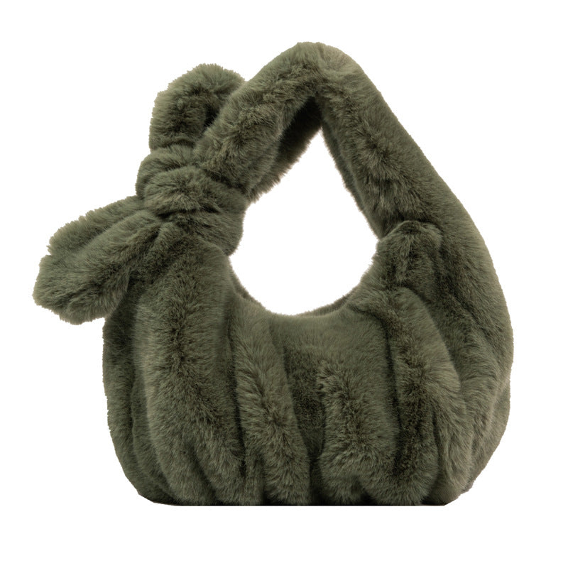 Faux fur top knot bag green